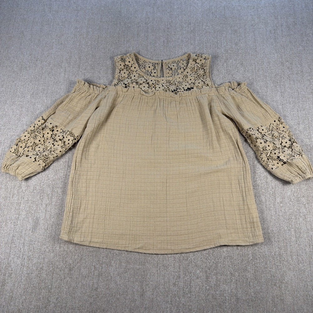 Doe & Rae Cotton Gauze Lace Top Women Size M Beige Cold‎ Shoulder Boho Blouse
